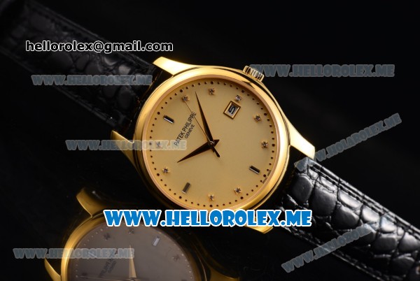 Patek Philippe Calatrava Miyota Quartz Yellow Gold Case with Yellow Gold Dial and Black Leather Strap Diamonds Markers - Click Image to Close